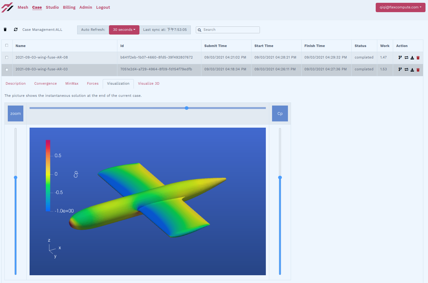 web-based pressure coefficient visualization for the lower aspect ratios, with the same nominal wing area