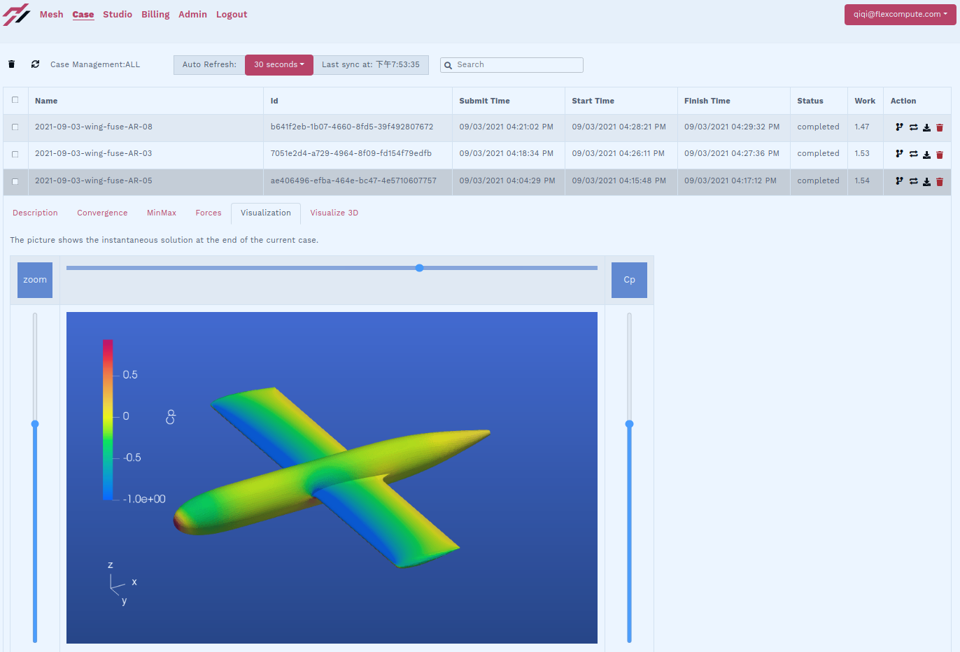 web-based pressure coefficient visualization for the lower aspect ratios, with the same nominal wing area